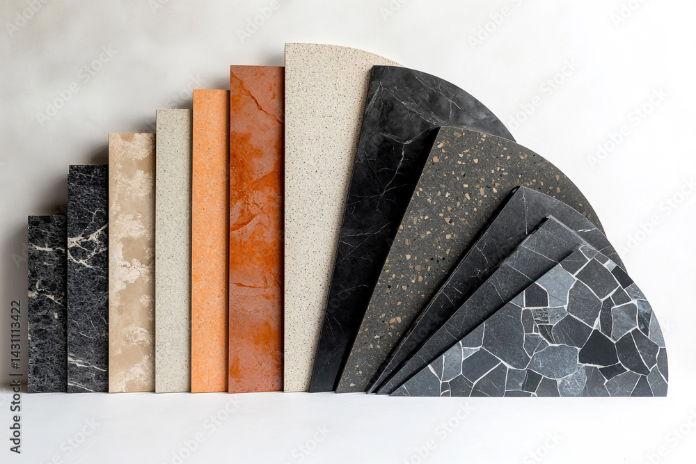 Aufkleber colorful stone and marble samples arranged in a fan shape showcasing various textures and patterns