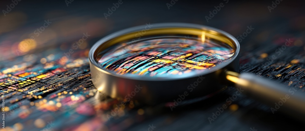 Poster magnifying glass on abstract circuit board pattern background with focus on detail and technology co