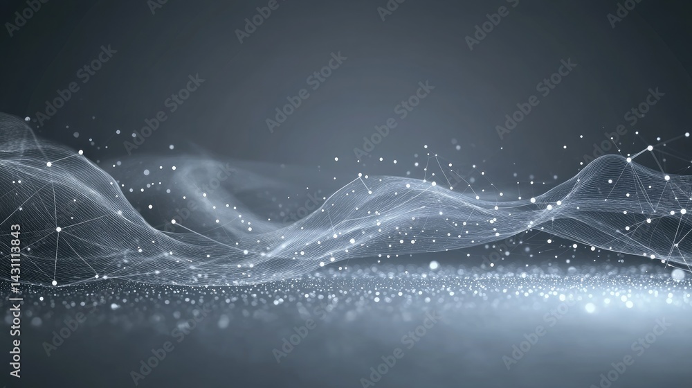 Poster glowing wavy lines network connection with white dots on a light gray backdrop