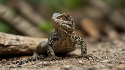 Fototapeta premium Young lizard observing, forest floor, blurred background, wildlife photography