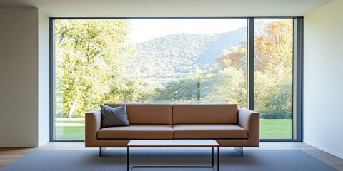 Modern sofa in a bright room with large windows showcasing a lush mountain view