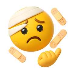 
3D cartoon injured emoji face with bandages and sad expression, PNG icon on transparent background for accident, health, or pain concepts
