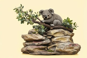 Obraz premium Gray koala figurine perched atop decorative rocks and greenery.