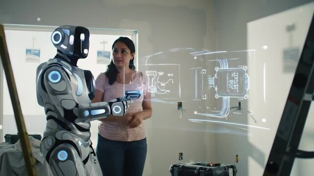 A humanoid robot interacts with a woman inside an unfinished room, projecting holographic construction schematics onto the wall. Ideal for future tech, AI, or smart home concepts. Shows collaboration.