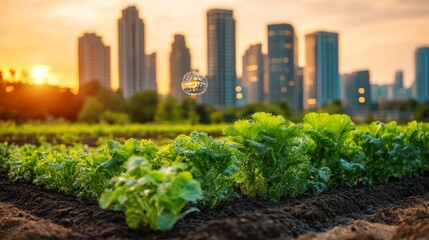 Urban farm sunset city view