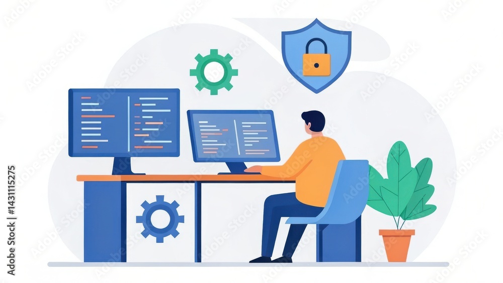 Poster a person sits at a desk with two monitors, coding and focusing on cybersecurity, surrounded by gears