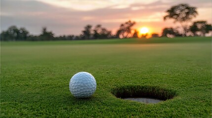 A close-up captures a golf ball resting on vibrant green grass, just inches from the hole, bathed in the golden glow of a sunset.

