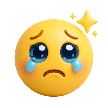 3D sad crying emoji with teary eyes and sparkles, expressing sorrow, emotion or cuteness on transparent background
