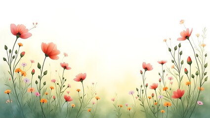 Serene spring meadow blooming flowers soft pastel hues gentle breeze dreamy floral art nature s