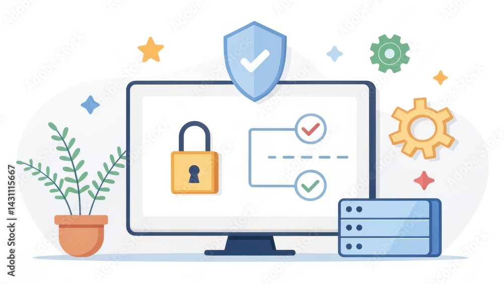 Poster digital illustration of a computer screen displaying a padlock, checklist, and gears, symbolizing cy