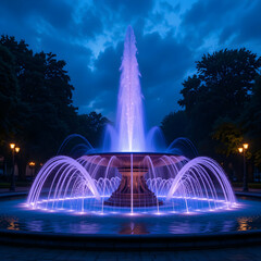 Illuminated fountain at night with purple and blue lights surrounded by trees and street lamps