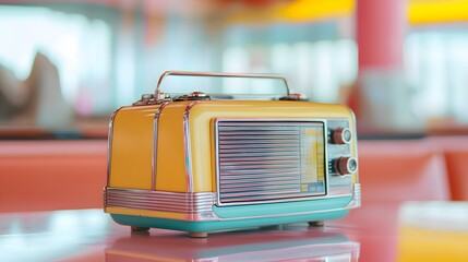 A sleek 1960s transistor radio on a retro diner table, pastel colors, nostalgic vibes, high-detail reflections