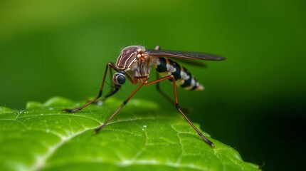 Close-up of a Crane Fly Resting on Green Leaf