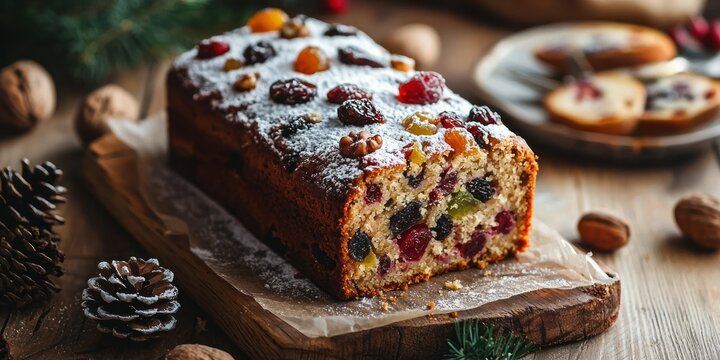 A rich fruitcake topped with nuts, dried fruits, and a dusting of powdered sugar, placed on a rustic wooden table