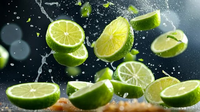 Dynamic video showcasing sliced limes mid-air with water droplets and a dark blurred background creating a refreshing and energetic visual. Highlights the vibrant green and yellow colors