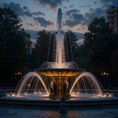 Fototapeta premium Illuminated fountain at dusk with water jets and surrounding trees and buildings in the background