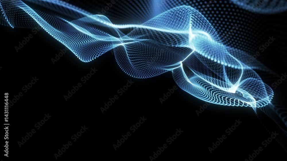 Poster abstract digital dynamic particle waves with motion light background, data flow on dark background. 
