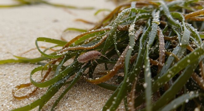 Close-up of a small insect on green seaweed among sandy beach, showcasing nature's details - images of sand fleas