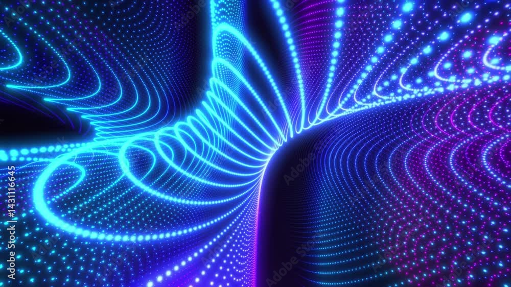 Poster colorful high-tech background with glowing particles, swirling surface of dots forming complex spira