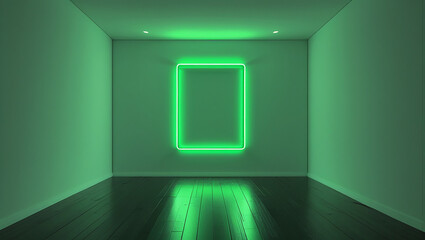 Empty green neon frames glow brightly on a dark wall in a modern room, creating a futuristic and artistic vibe—perfect for tech displays, gallery mockups, or digital interiors.

