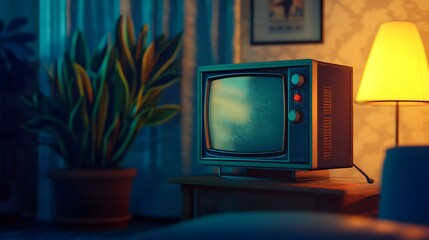 A retro 4:3 television set playing a grainy VHS movie, nostalgic 90s aesthetic, warm lighting, soft focus edges