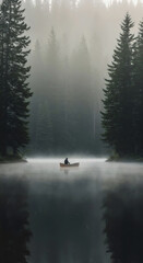 A canoe in the still waters of a misty lake surrounded by pine trees
