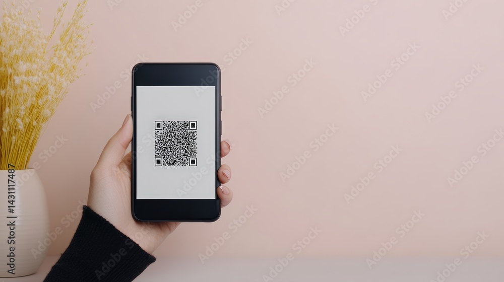Poster hand holding smartphone displaying qr code for modern marketing strategies and digital engagement in