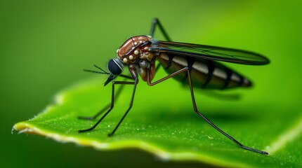 Close-up of Gnat Resting on Leaf with Green Background