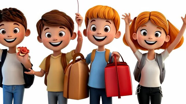 and cheerful cartoon back to school kids students waving 3d smiling, ready for school banner, isolated on white background video 4k