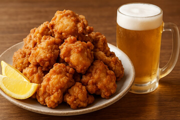 山盛り唐揚げとビール