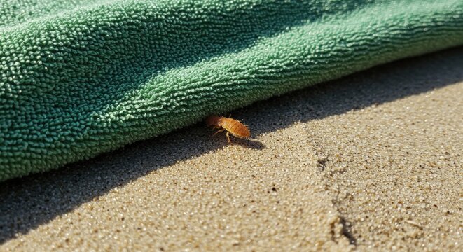 Close-up of a small insect emerging from beneath a green towel on sandy beach, with sunlight illuminating the scene - images of sand fleas