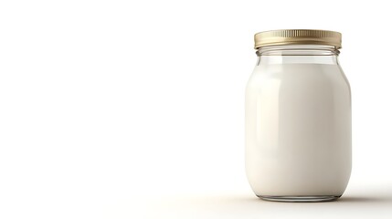 MilkFilled Glass Jar with Golden Lid Isolated on White Backdrop, Clean Design