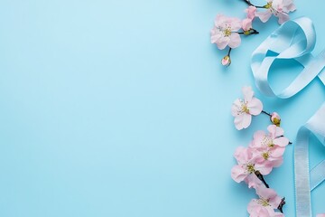 Obraz premium Light Blue Texture with Blooming Pink Cherry Flowers and Silk Ribbon Decoration