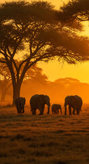Fototapeta premium A herd of elephants walking across the grassland at sunset