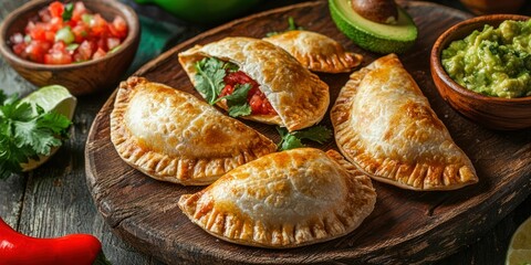 A rustic wooden platter with freshly baked empanadas, served with a side of salsa and guacamole