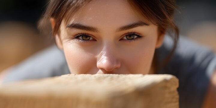 With unwave focus, a determined young woman pauses at a wooden obstacle, her intense gaze reflecting the challenge and fierce determination to overcome it.