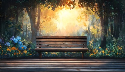 Wooden bench in the park at sunset with copy space. Summer forest landscape background.