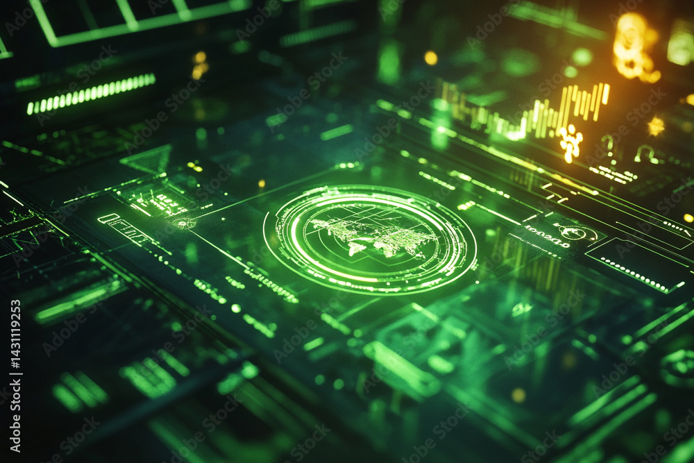 Poster futuristic green digital interface showing global data network