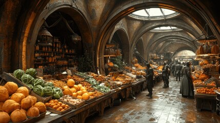 Vibrant Marketplace with Fresh Produce in Rustic Architecture