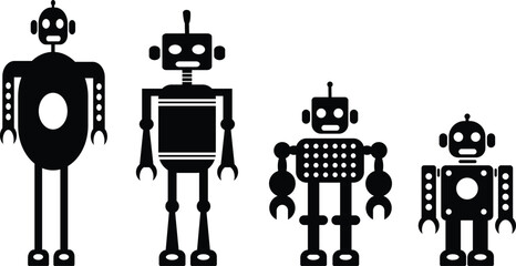 Machine humanoid robot character icon set. Friendly robotic cheerful bot. Mechanical electronic machine, android smiling. Adorable fantastic AI. Childish flat vector isolated on transparent background