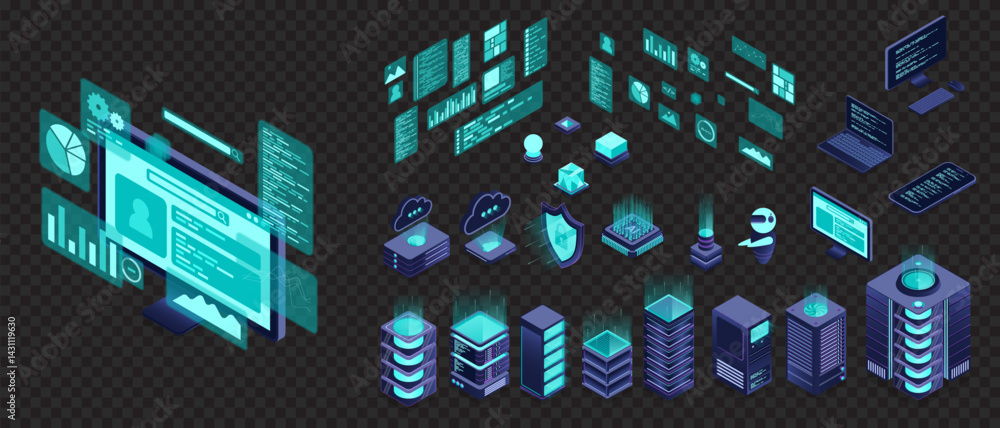 Poster set of isometric computer technology. isometric set server equipment. technology isometric icons. di