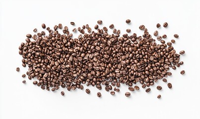 Roasted coffee beans scattered on a white background