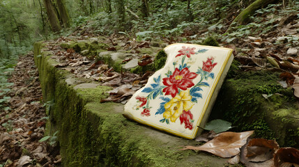 card with floral motifs resting on a moss-covered stone, blending nature and professionalism.
