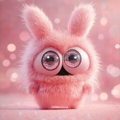 Pink fluffy bunny character with sparkly eyes.