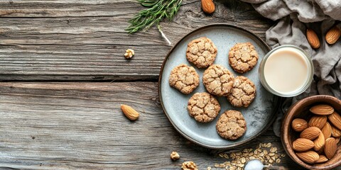 Fototapeta premium A rustic wooden table with a plate of no-bake vegan cookies, a glass of almond milk, and a scattering of ingredients