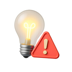 3D glowing light bulb with red warning sign and soft shine, cartoon-style technology icon on transparent background.

