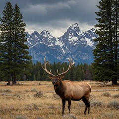 Fototapeta premium Majestic elk stands in a meadow with towering snow-capped mountains in the background under a cloudy sky, framed by tall pine trees.
