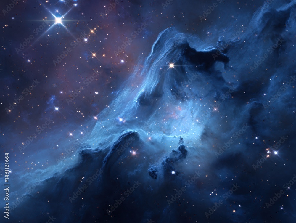 Poster captivating celestial nebula in deep space with vibrant blue and orange hues and distant stars creat