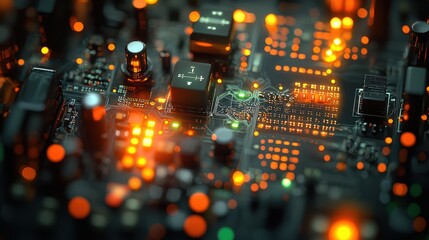 Close-Up View of a Circuit Board with Luminous Components and Lights