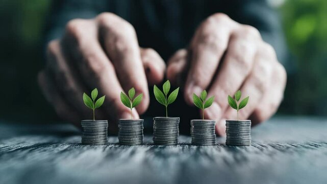 Investing in Growth: A visual metaphor of sustainable business growth is portrayed through stacks of coins, each topped with a fresh sprout.